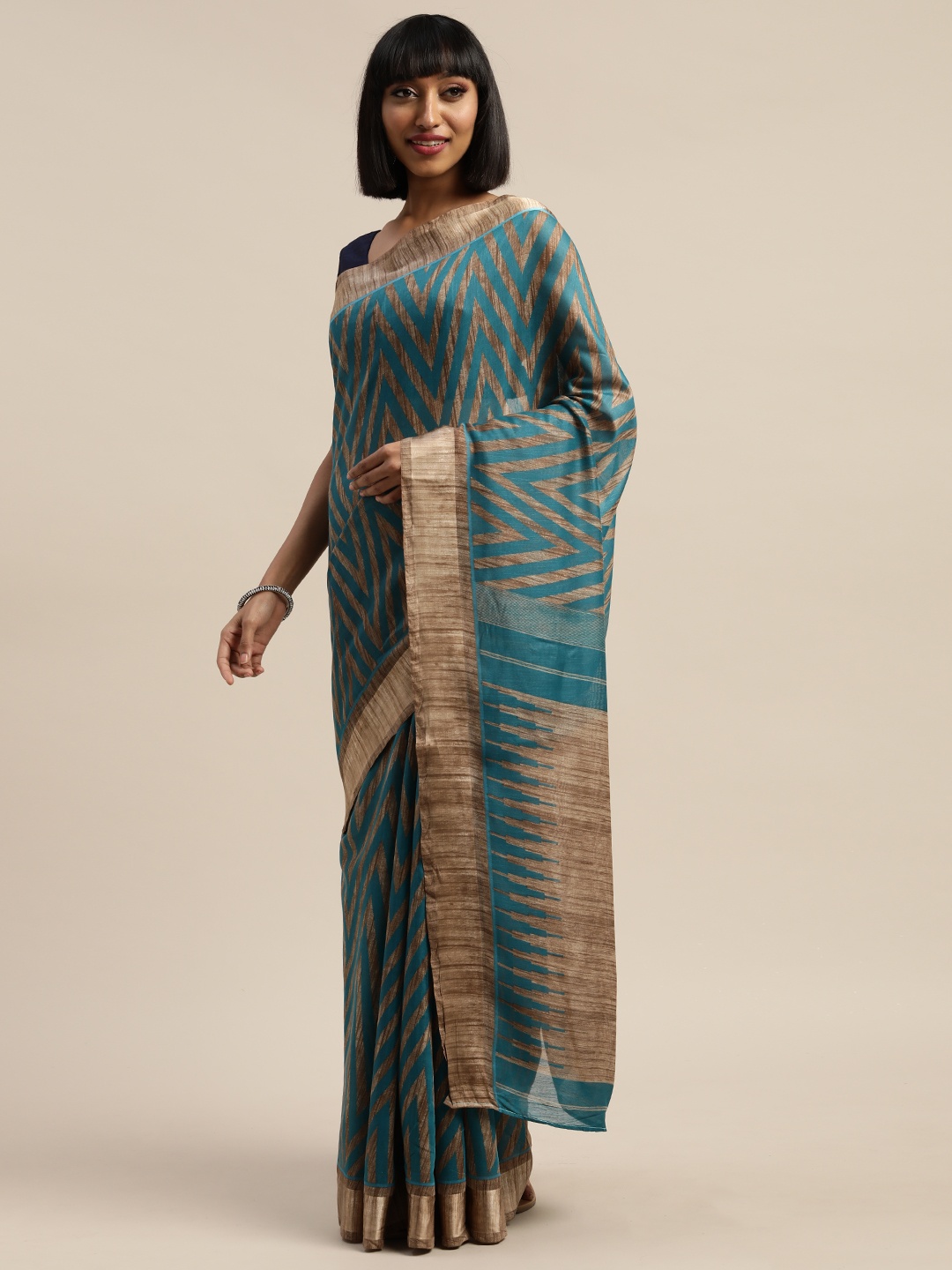 

Mirchi Fashion Turquoise Blue & Beige Polycotton Printed Saree