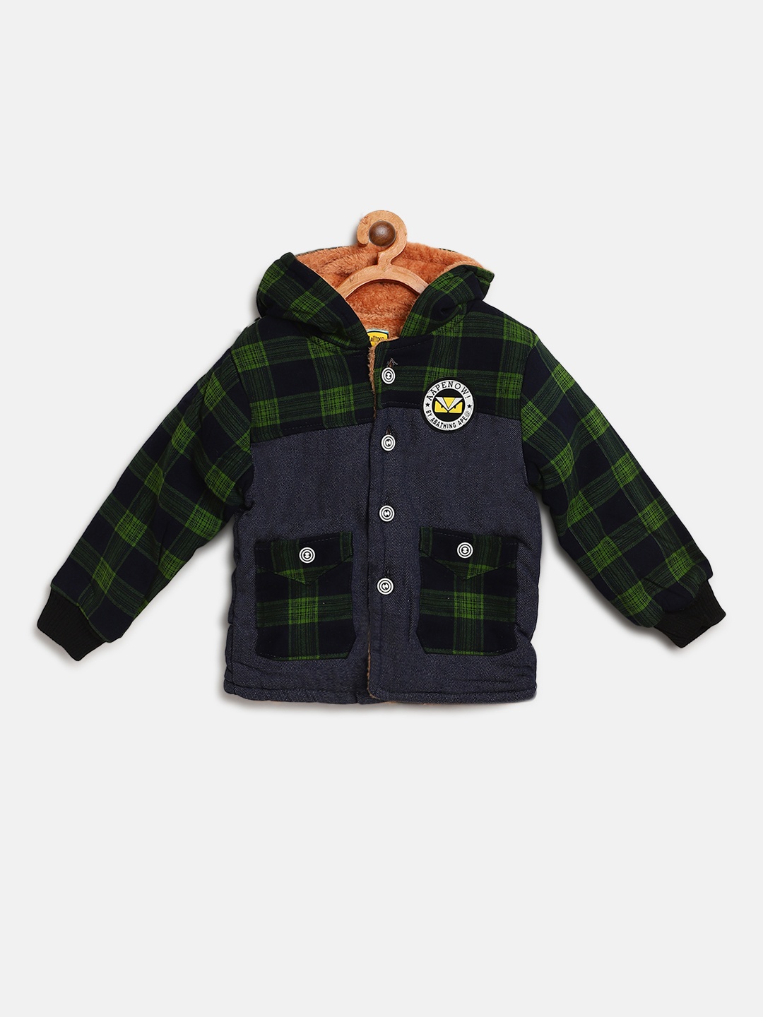 

Lil Lollipop Kids Green & Navy Blue Checked Hooded Tailored Jacket