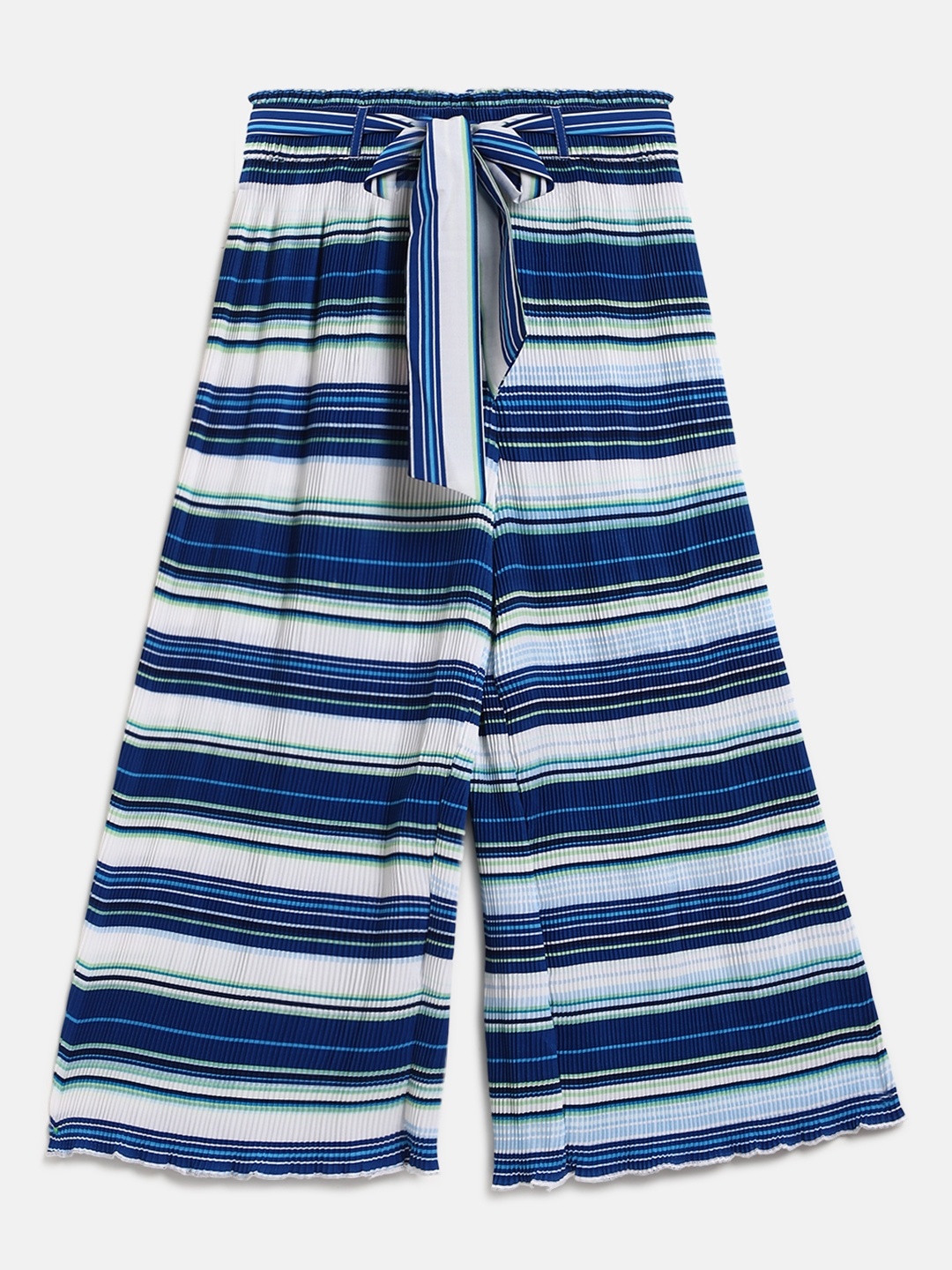 

Natilene Girls White & Blue Striped Accordion Pleat Flared Palazzos With Belt