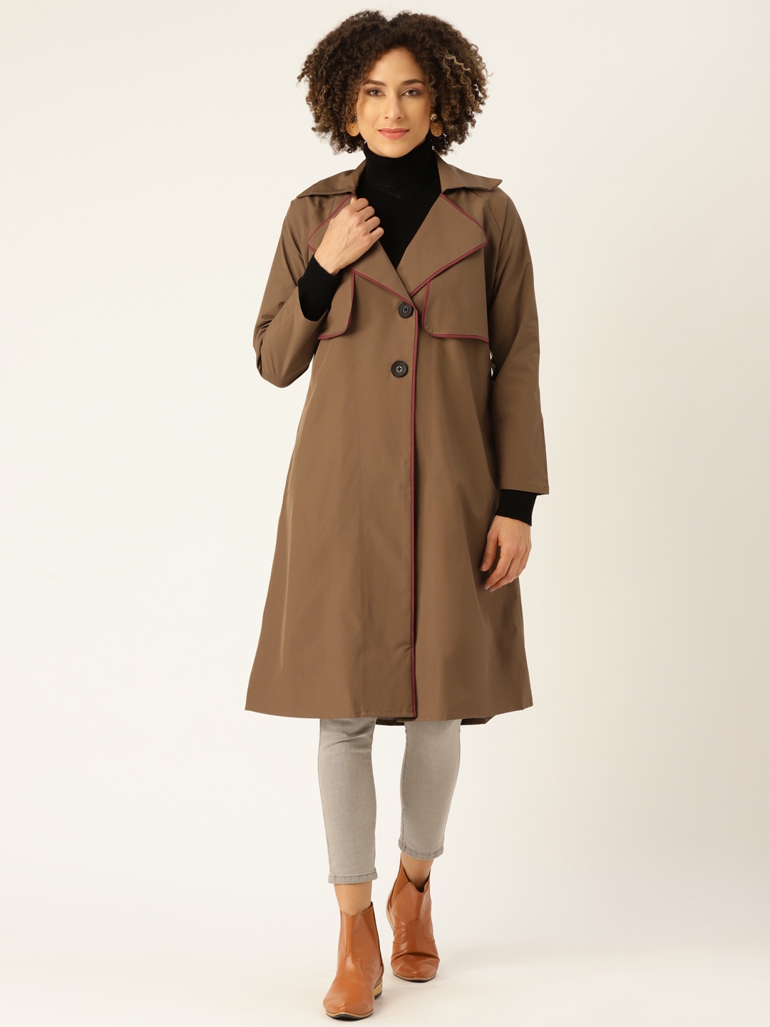 

WoowZerz Women Olive Brown Slim Fit Solid Knee Length Trench Coat