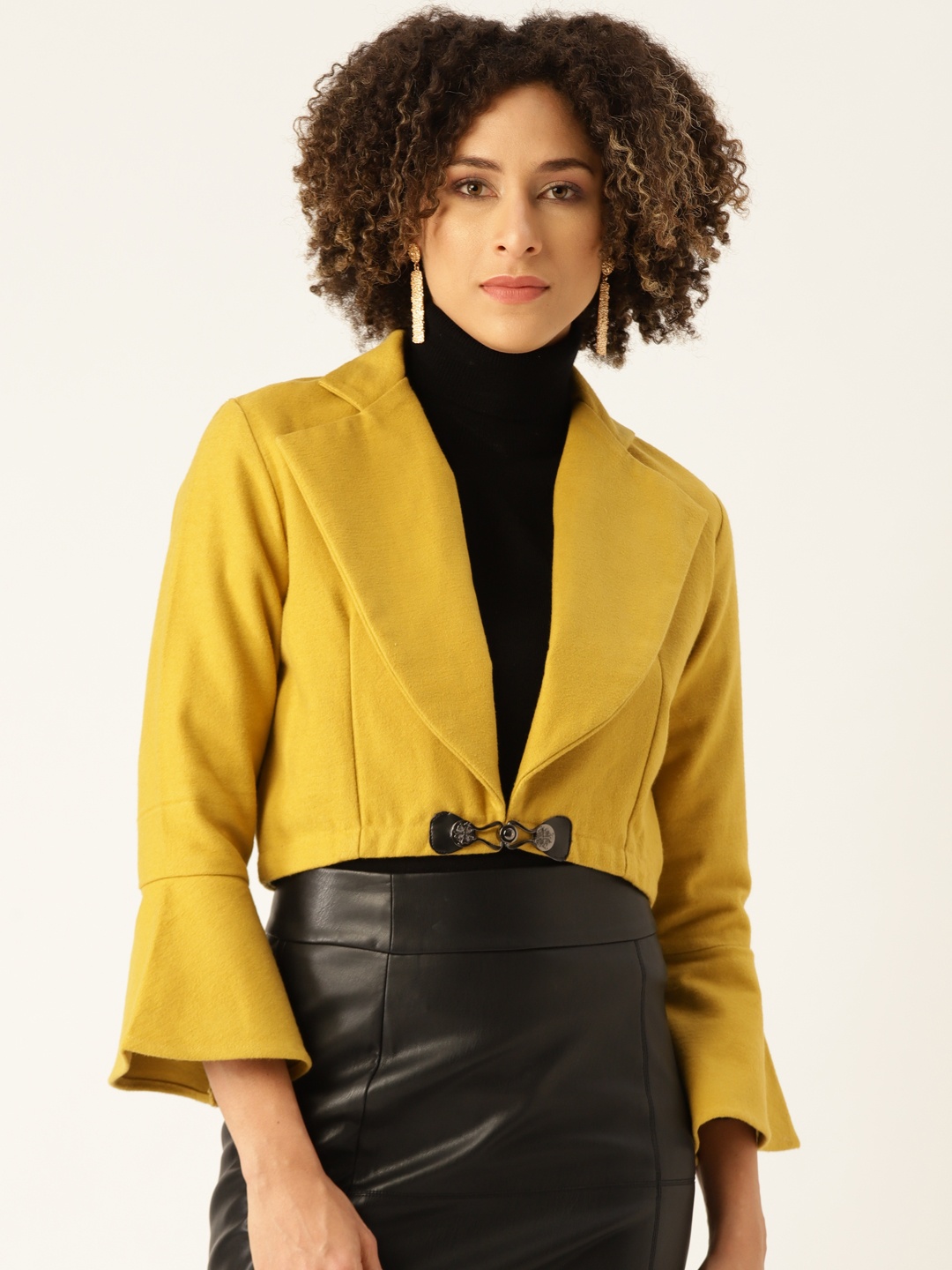 

WoowZerz Women Mustard Yellow Slim Fit Solid Crop Blazer