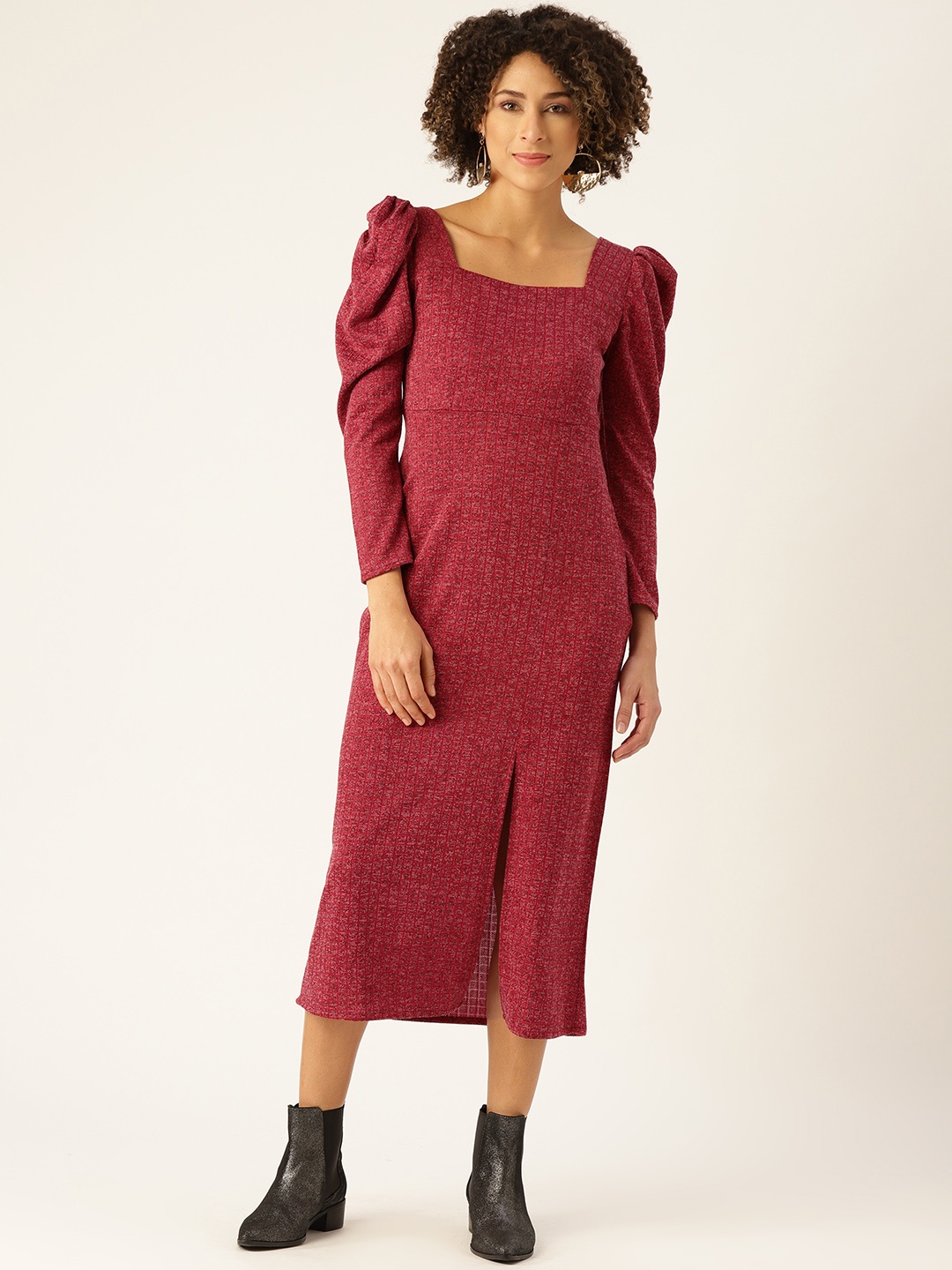 

WoowZerz Women Maroon Self Checked Slim Fit Midi Acrylic Jumper Dress