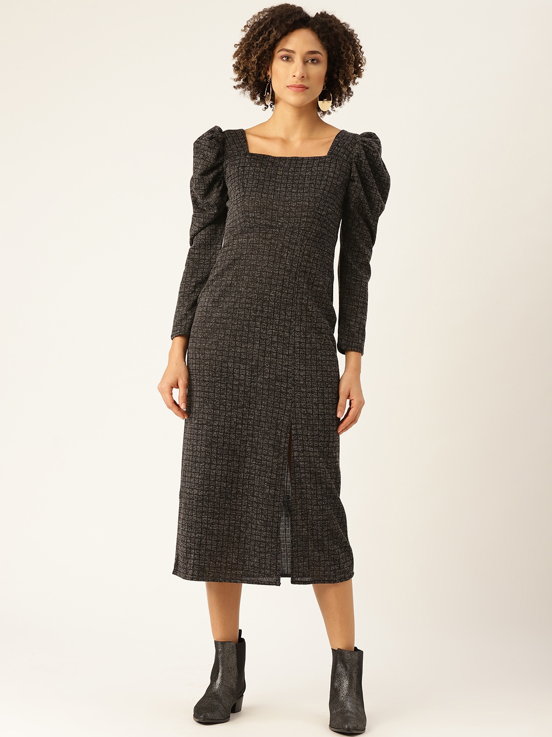 

WoowZerz Women Black Self Checked Slim Fit Midi Acrylic Jumper Dress