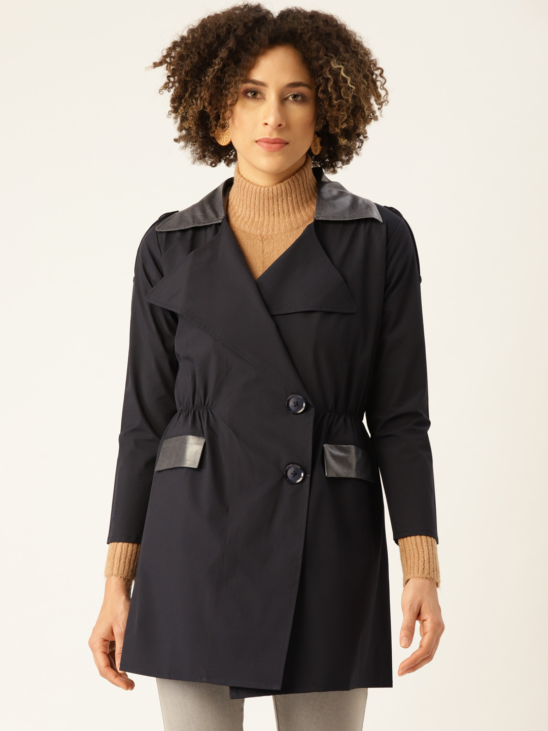 

WoowZerz Women Navy Blue Slim Fit Solid Hip Length Trench Coat