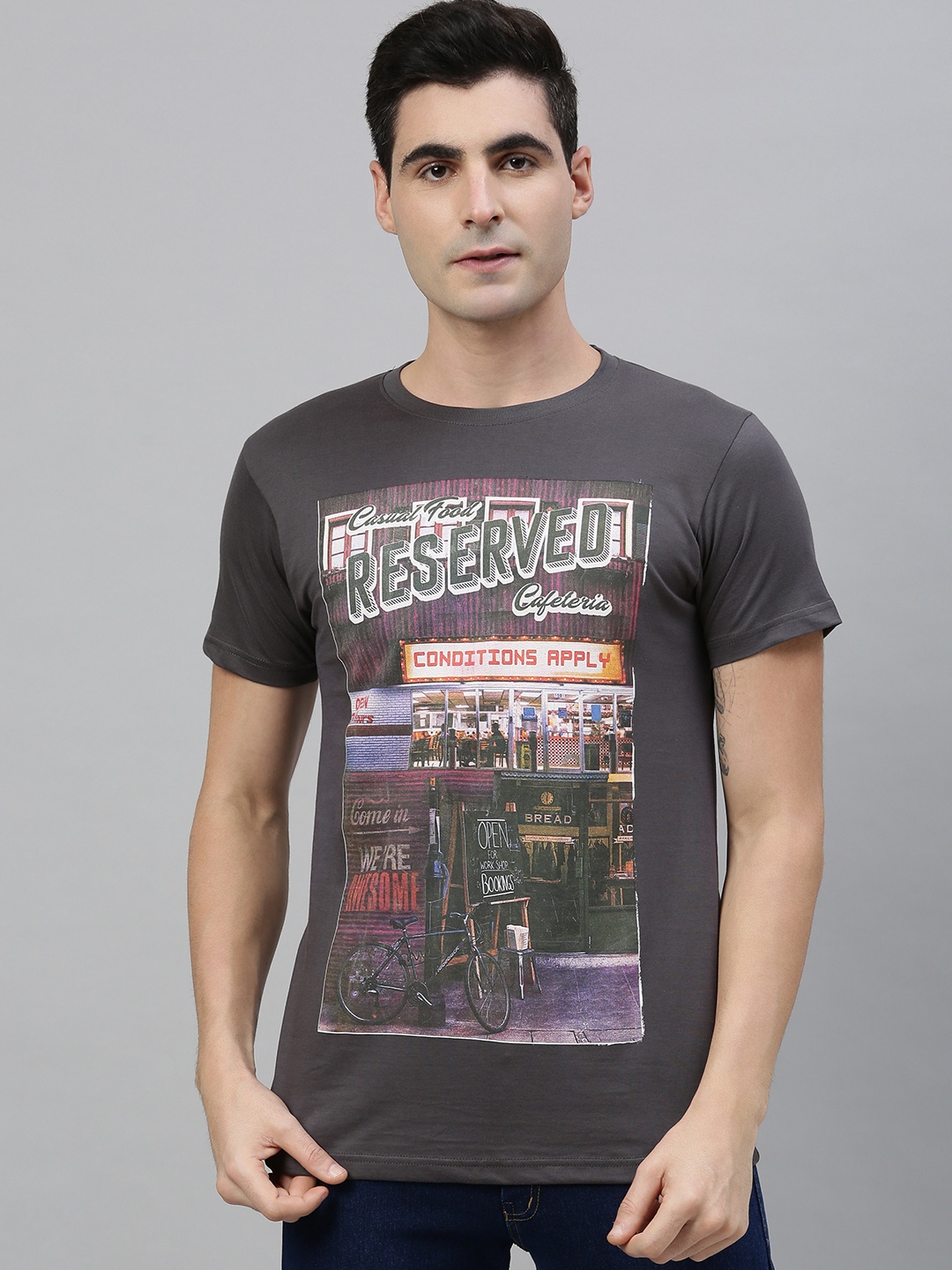 

Conditions Apply Men Grey Printed Round Neck Pure Cotton T-shirt