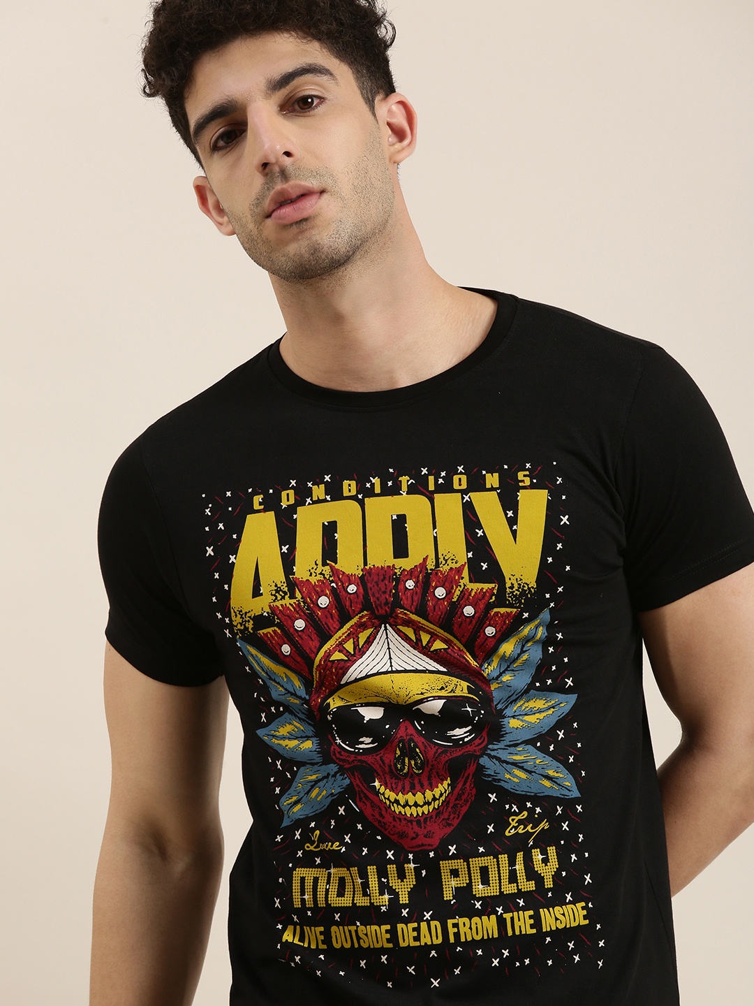 

Conditions Apply Men Black Printed Round Neck Pure Cotton T-shirt