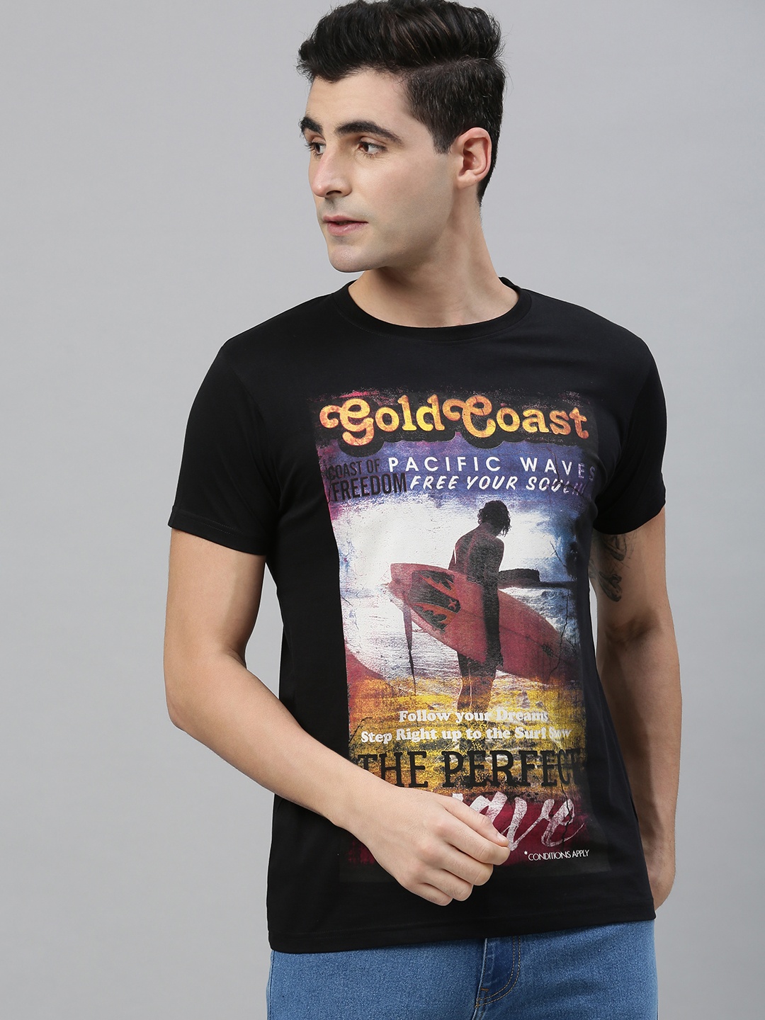 

Conditions Apply Men Black Pure Cotton Printed Round Neck Pure Cotton T-shirt