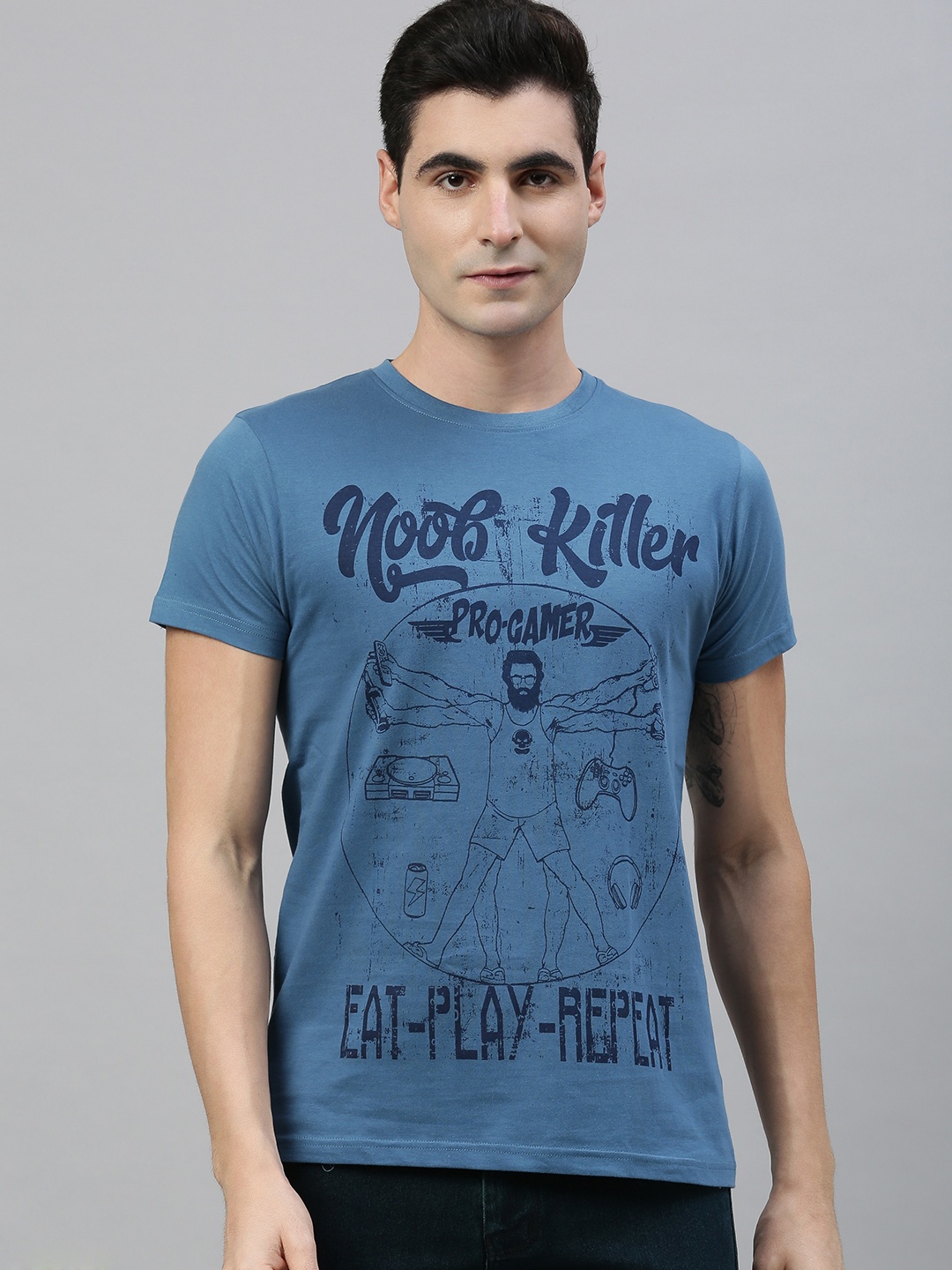

Conditions Apply Men Blue Printed Round Neck Pure Cotton T-shirt
