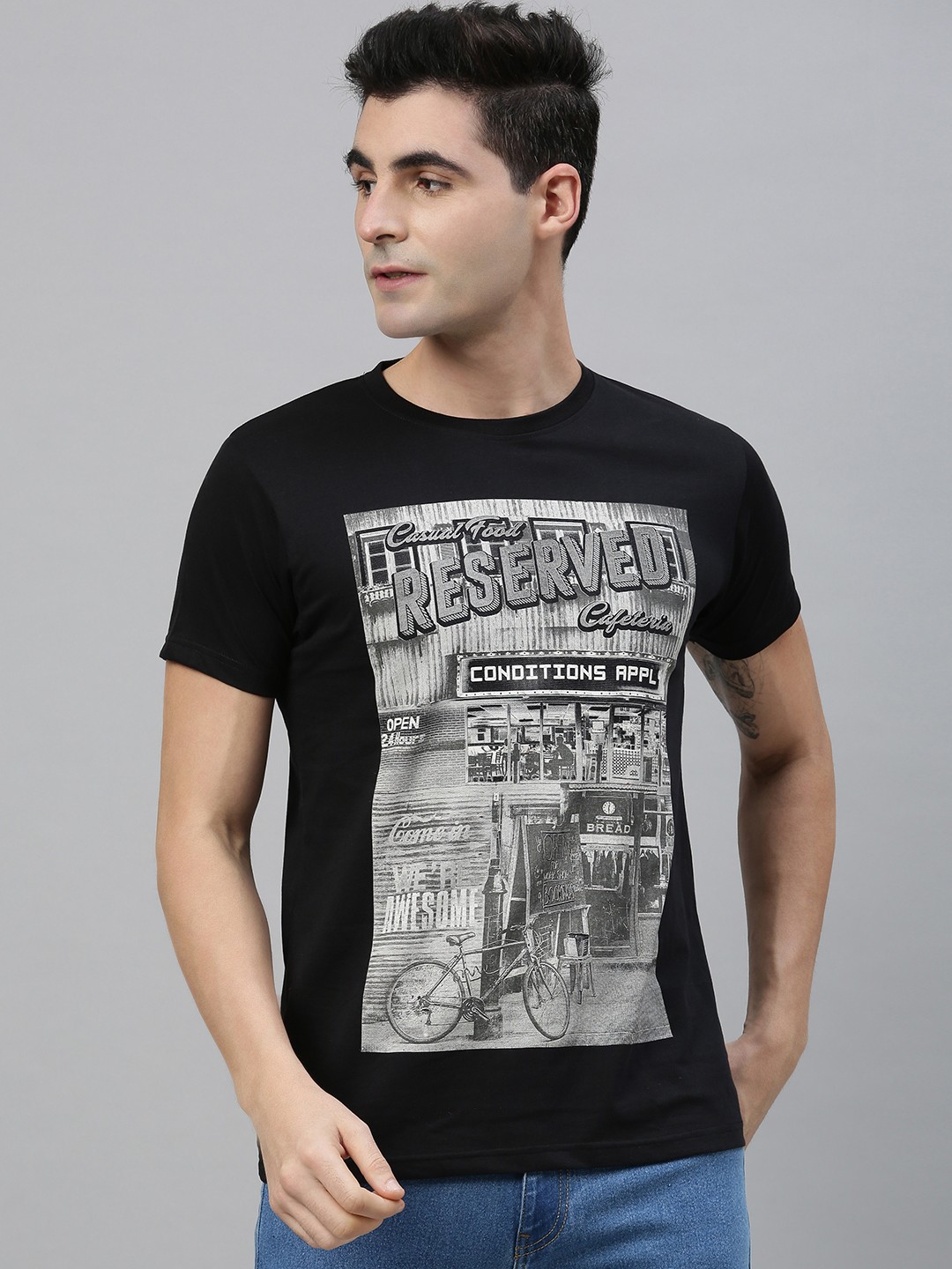 

Conditions Apply Men Black Printed Round Neck T-shirt