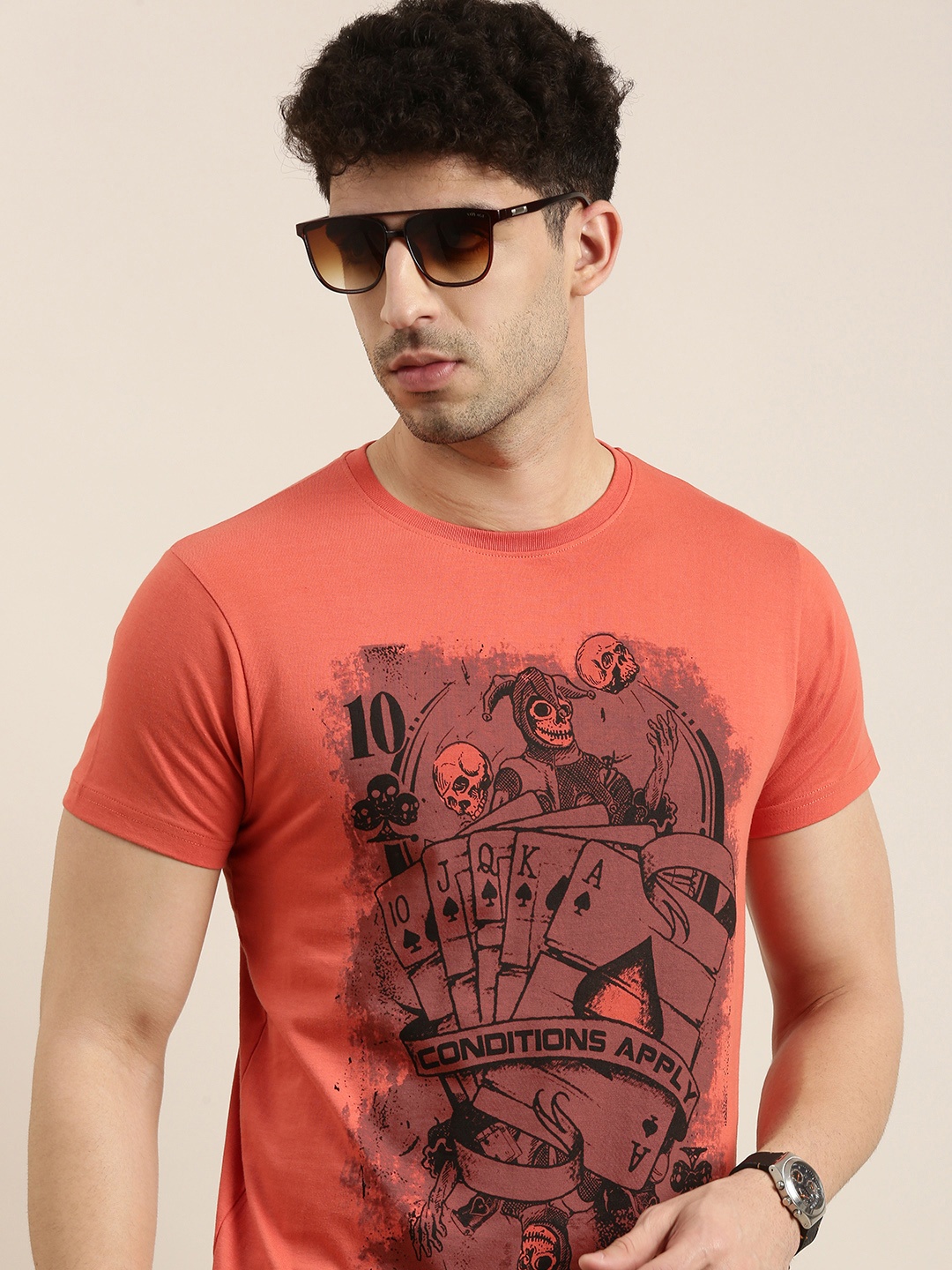 

Conditions Apply Men Orange Printed Round Neck Pure Cotton T-shirt