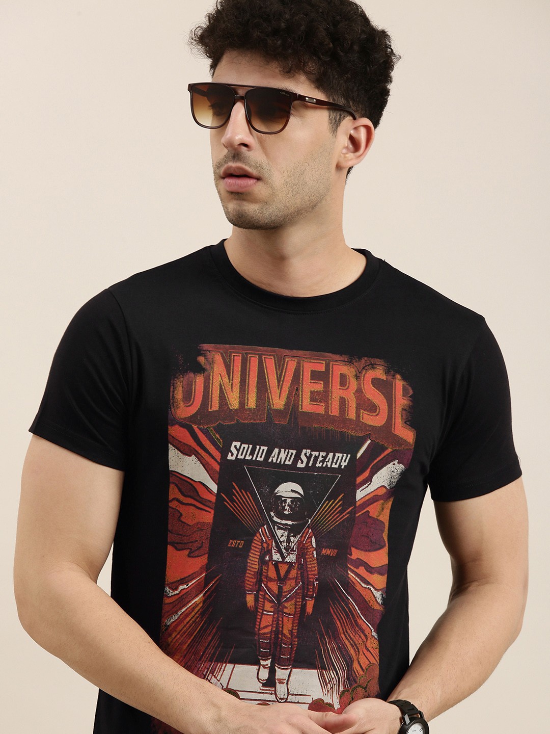 

Conditions Apply Men Black Printed Round Neck Pure Cotton T-shirt