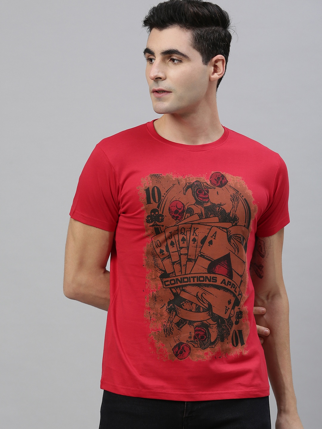 

Conditions Apply Men Red Printed Round Neck Pure Cotton T-shirt