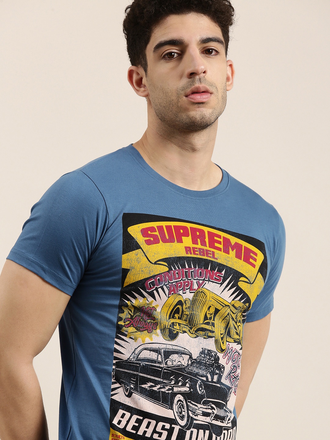 

Conditions Apply Men Blue Printed Round Neck Pure Cotton T-shirt