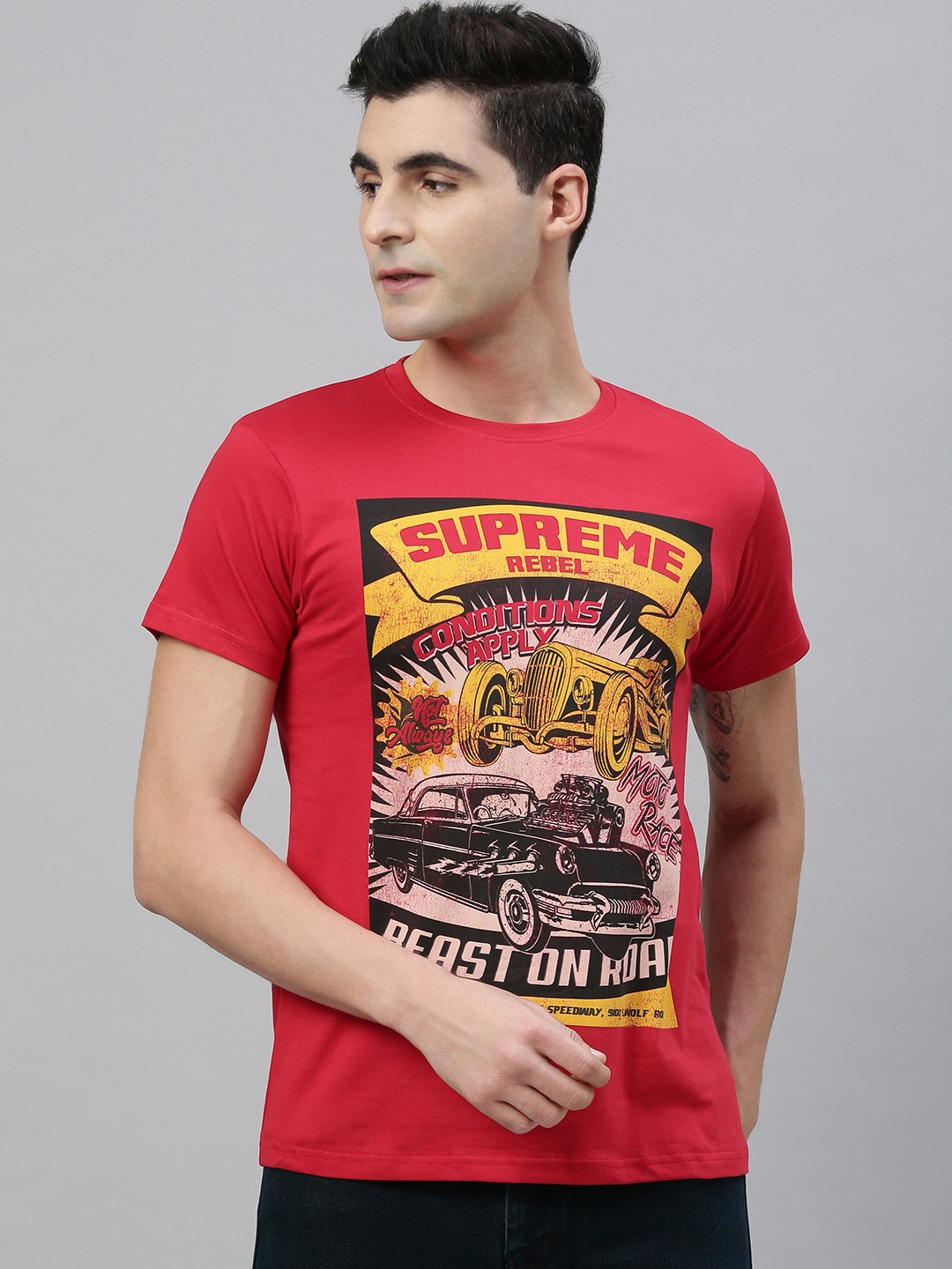 

Conditions Apply Men Red Printed Round Neck T-shirt