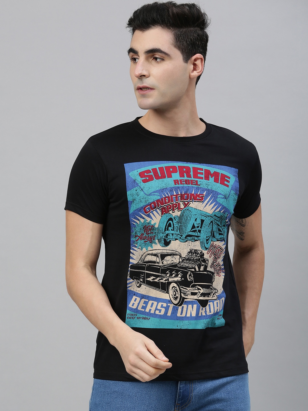 

Conditions Apply Men Black Printed Round Neck T-shirt