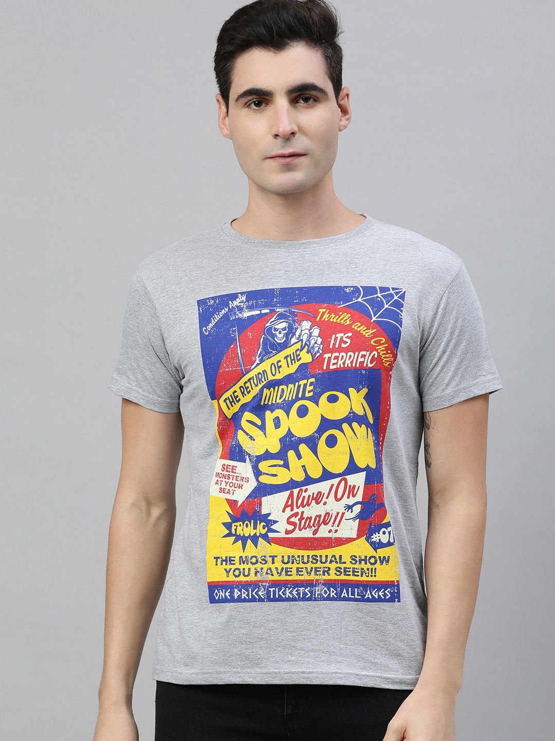 

Conditions Apply Men Grey Melange Printed Round Neck Pure Cotton T-shirt