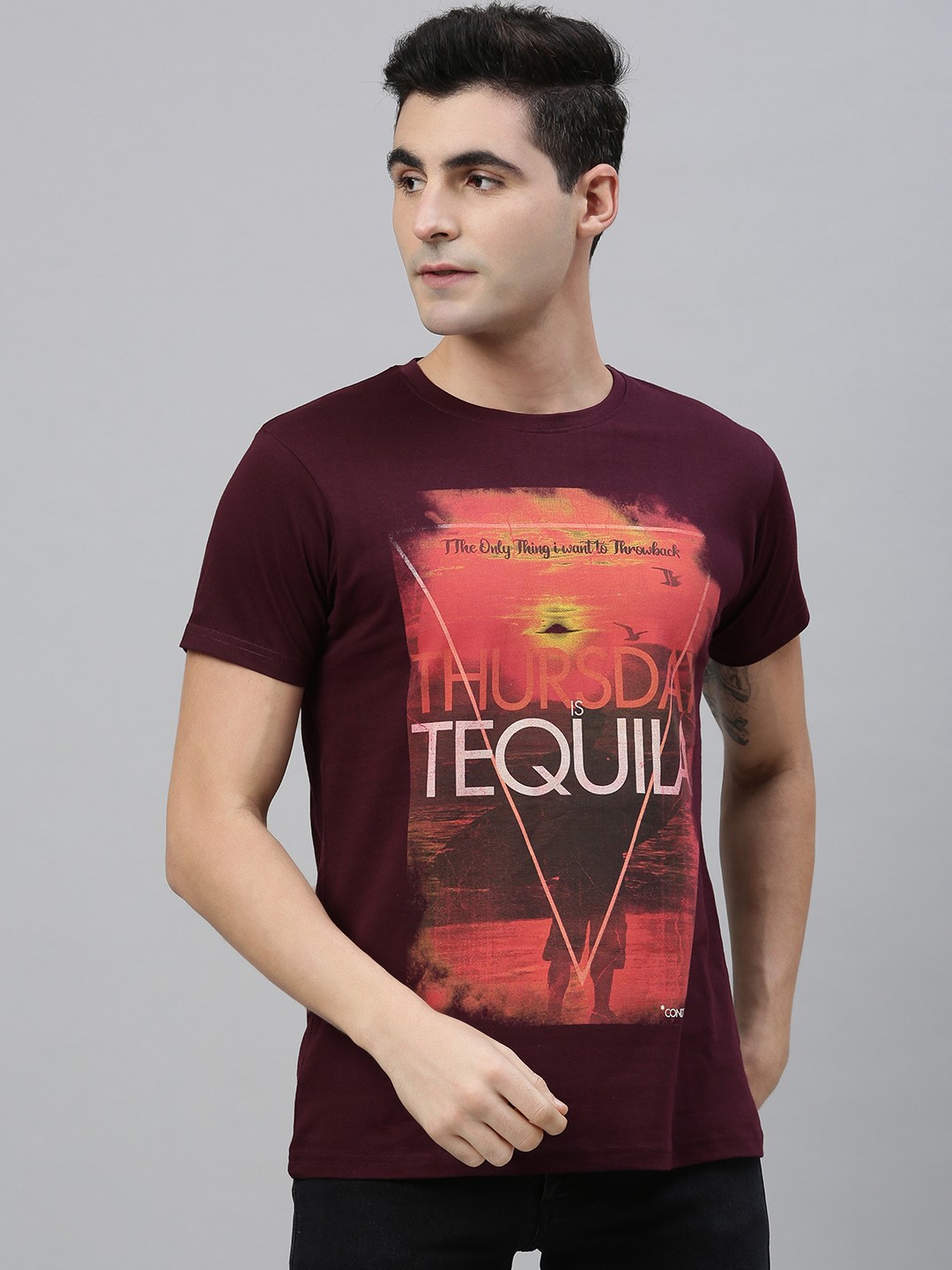 

Conditions Apply Men Burgundy Printed Round Neck Pure Cotton T-shirt