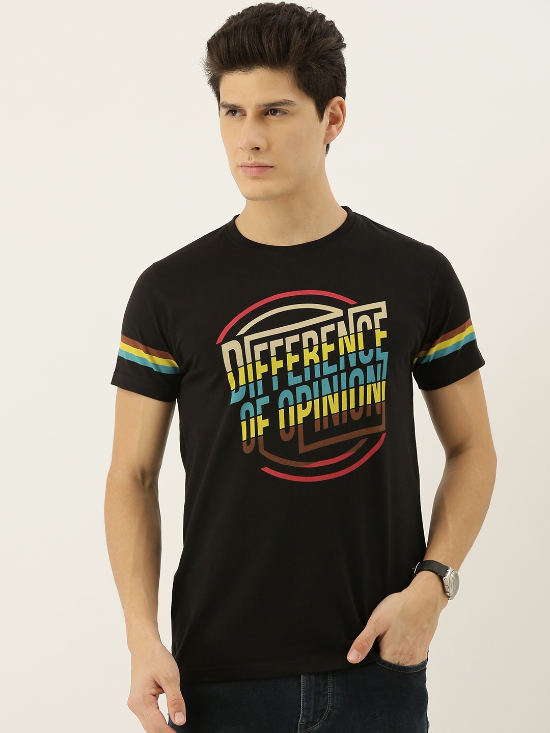 

Difference of Opinion Men Black Brand Logo Printed Round Neck Pure Cotton T-shirt