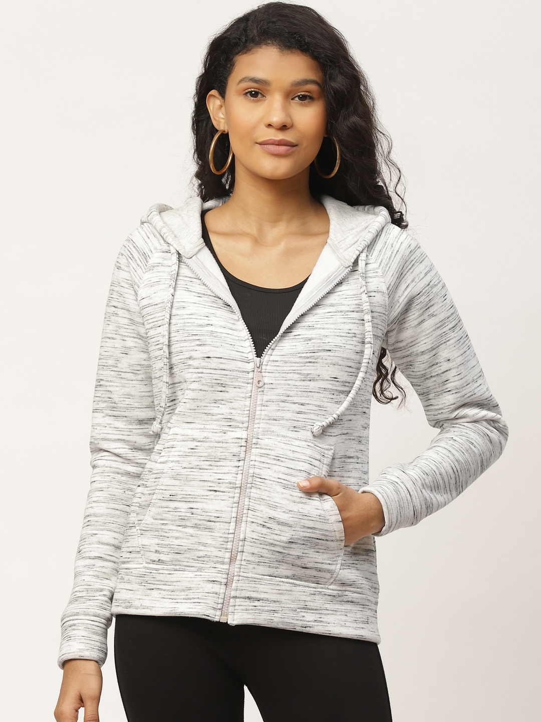 

Rute Women Off-White & Black Self Design Hooded Sweatshirt