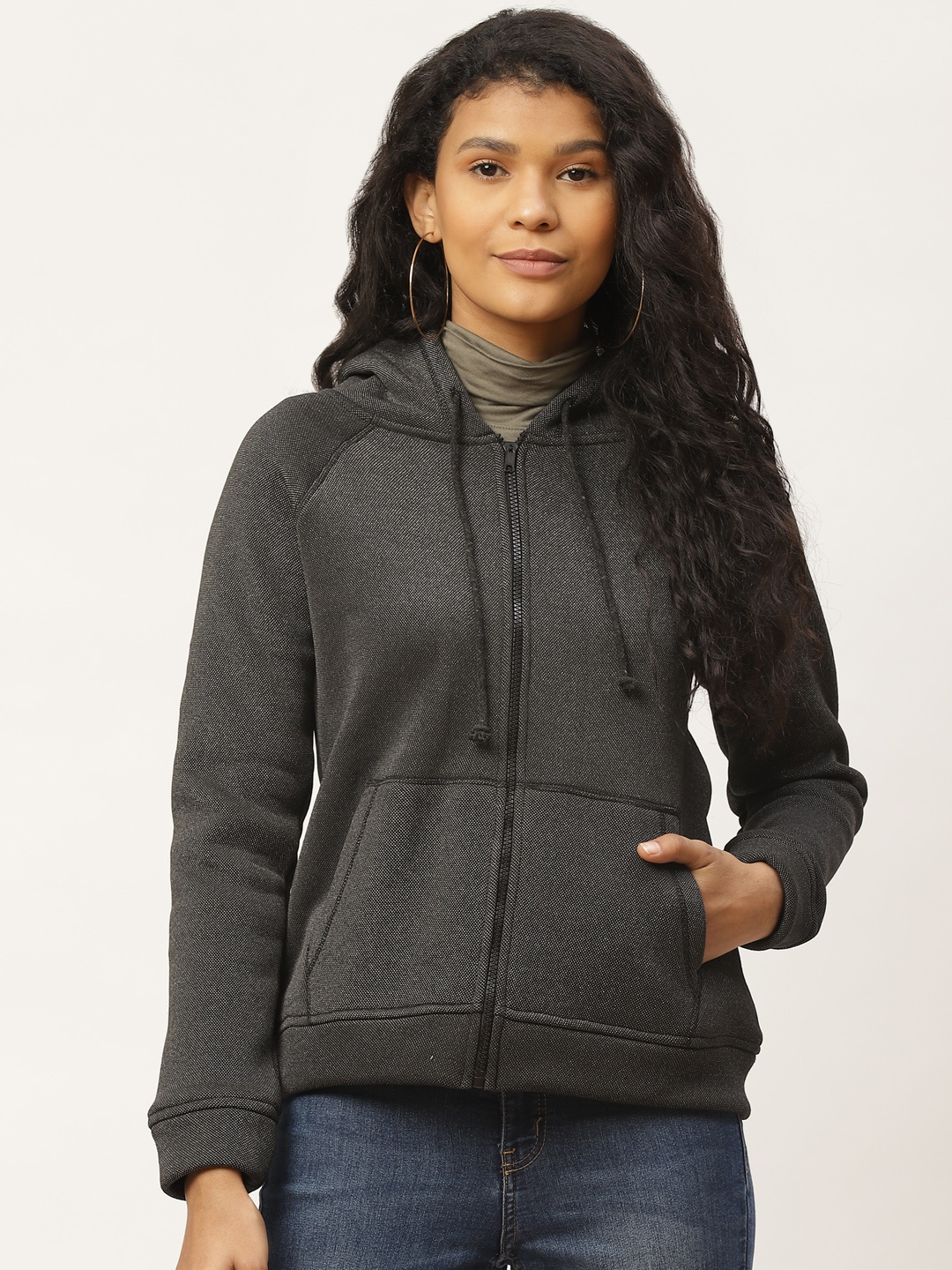 

Rute Women Charcoal Grey Self Design Hooded Sweatshirt