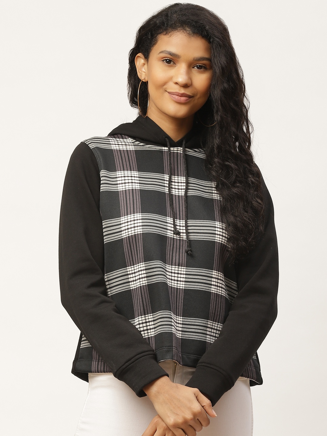 

Rute Women Charcoal Grey & White Checked Hooded Sweatshirt