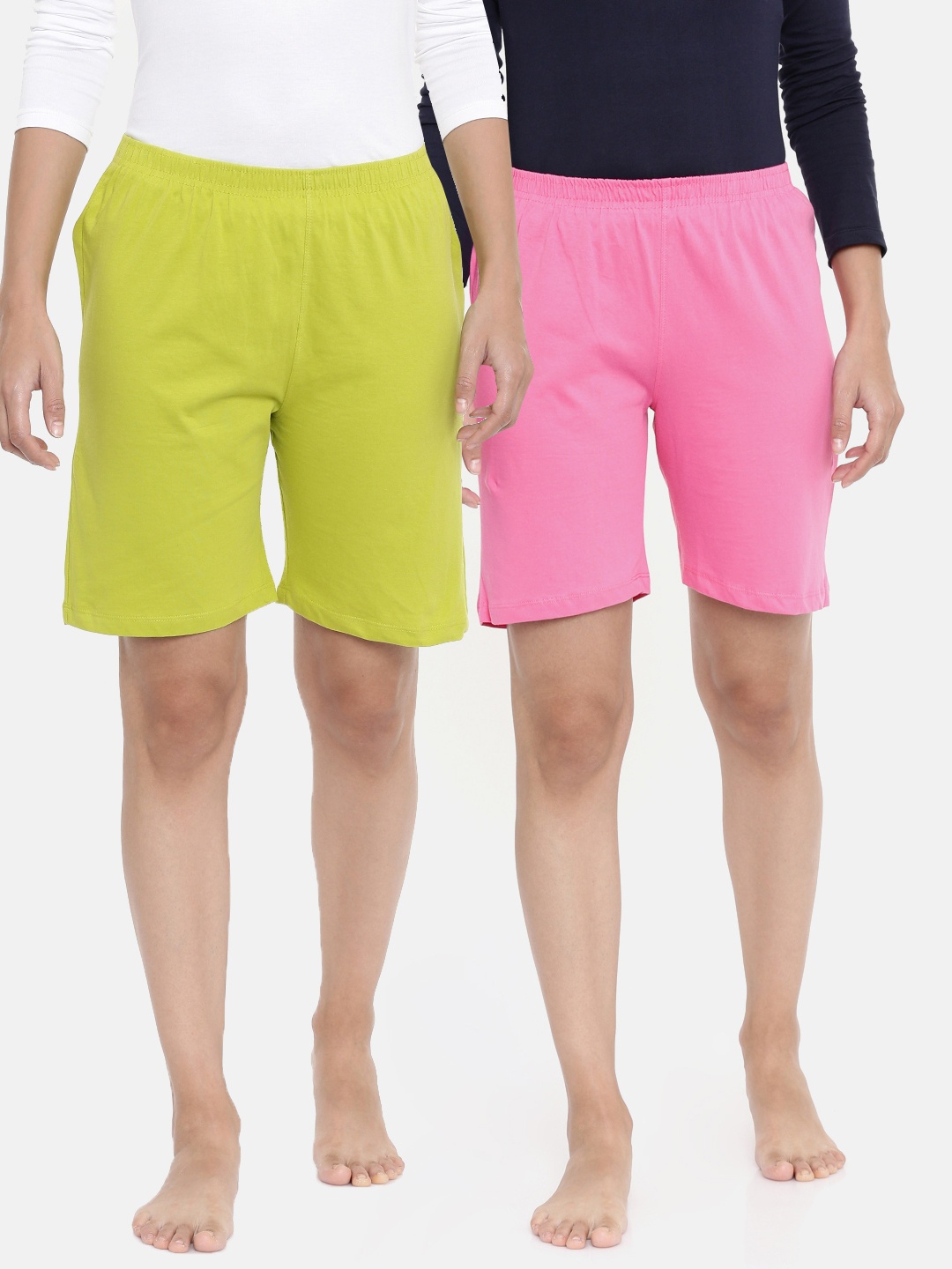 

zebu Women Lime Green & Pink Pack of 2 Solid Lounge Shorts