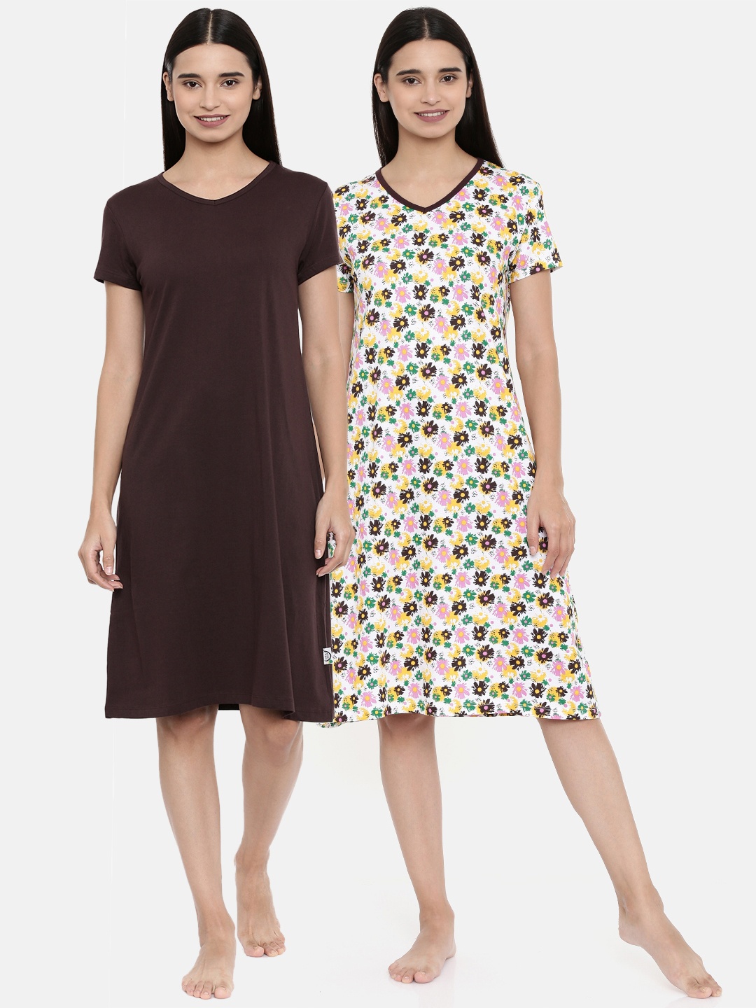 

zebu Pack Of 2 Brown & White Printed Sleep Shirts
