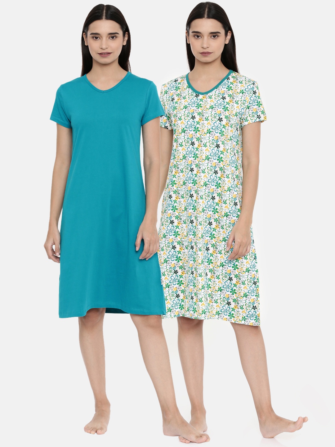 

zebu Women Multicoloured Pack of 2 Printed Sleep Shirt, Multi