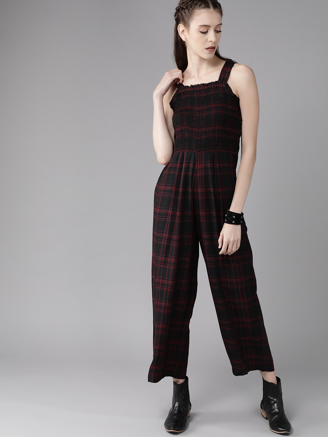 

Roadster Women Black & Maroon Checked Basic Jumpsuit