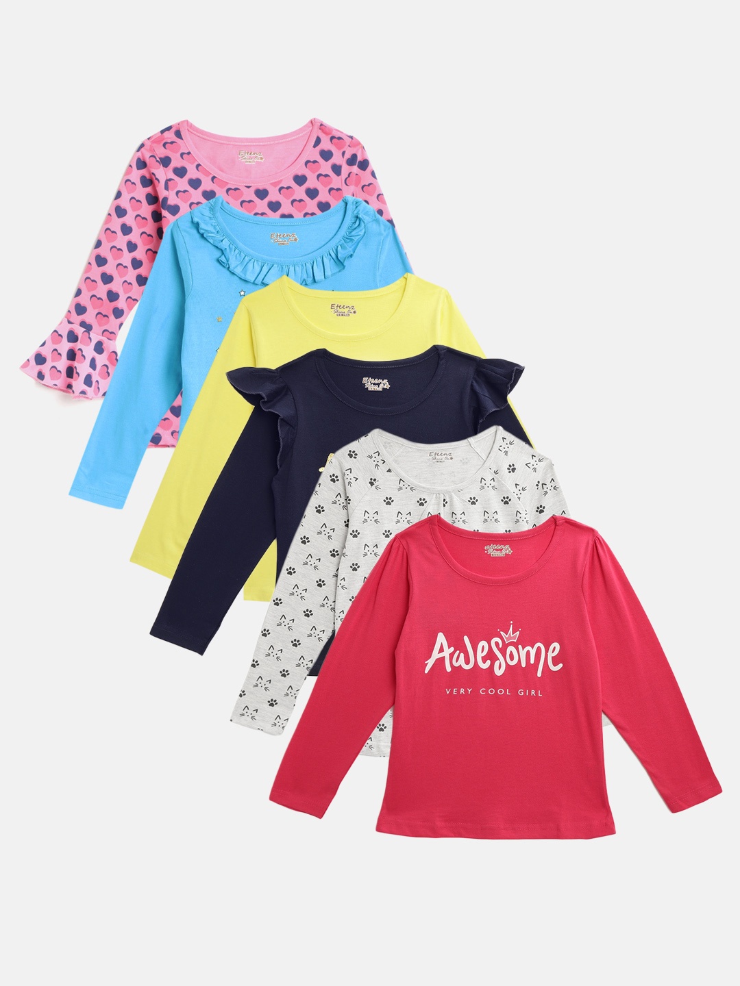 

Eteenz Girls Pack of 6 Printed Pure Cotton T-shirts, Multi
