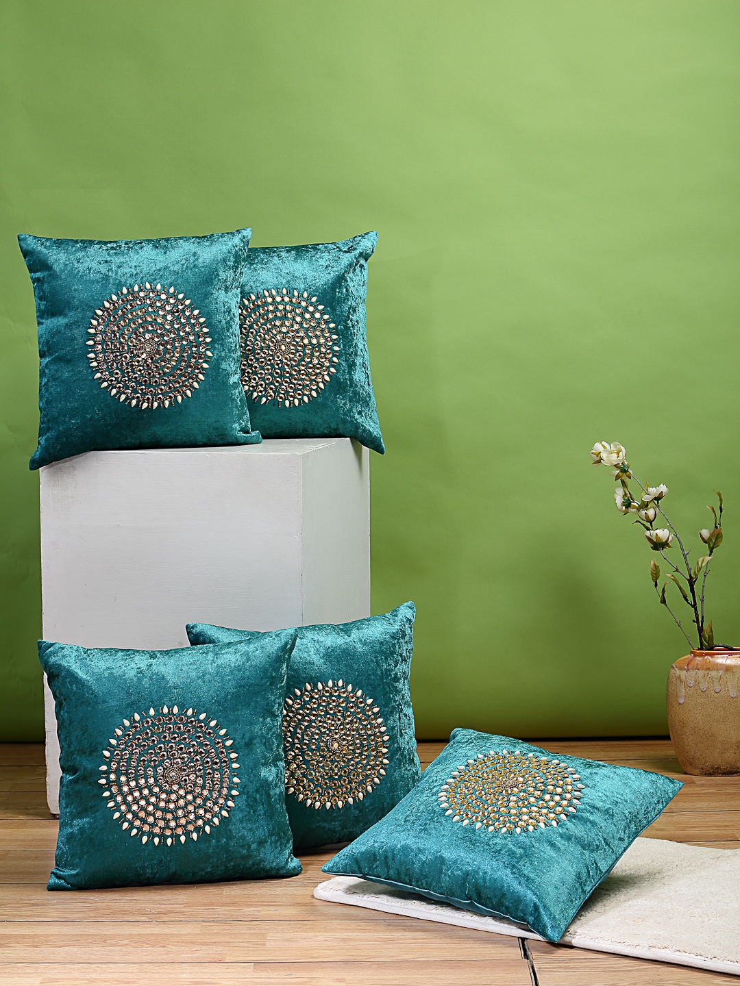 

DREAM WEAVERZ Turquoise Blue Set of 5 Embellished Square Cushion Covers