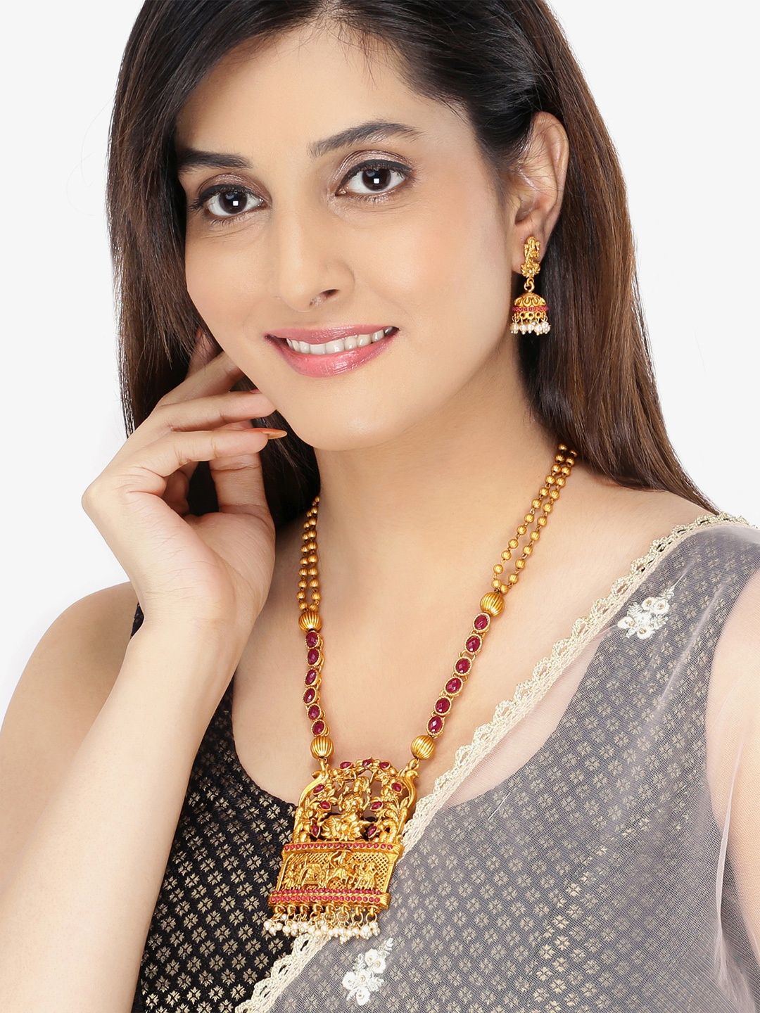 

Yellow Chimes Gold-Plated & Red Artificial Stone Studded Temple Design Handcrafted Jewellery Set