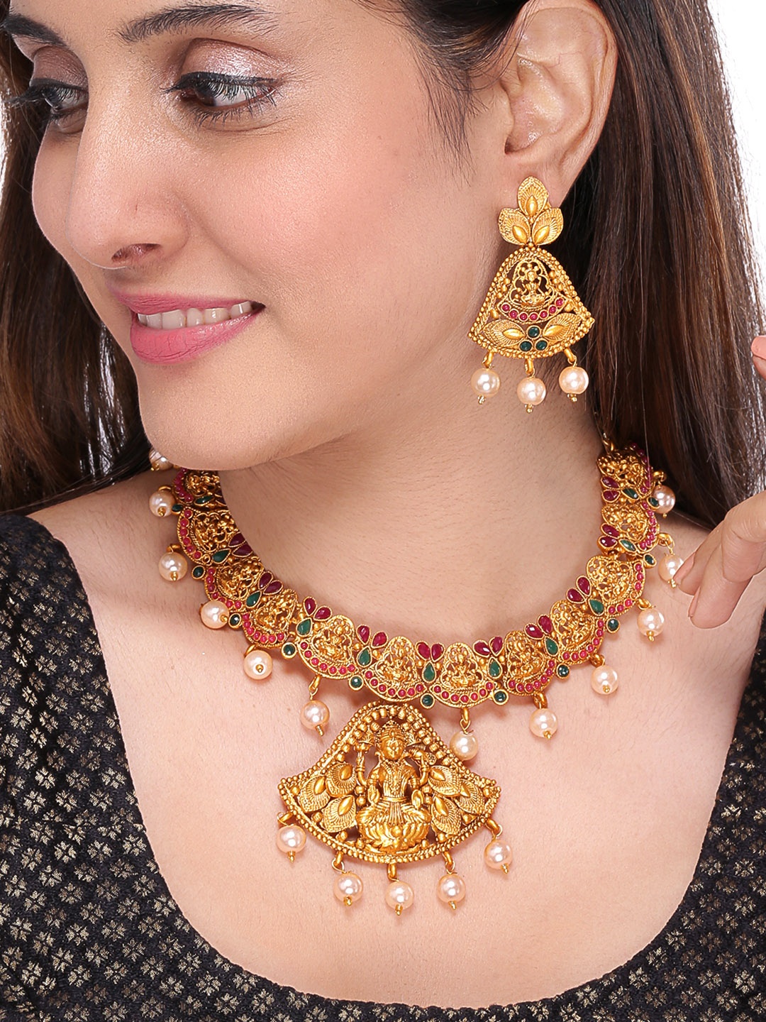 

Yellow Chimes Gold-Plated Red & Green Stone-Studded Beaded Temple Handcrafted Jewellery Set