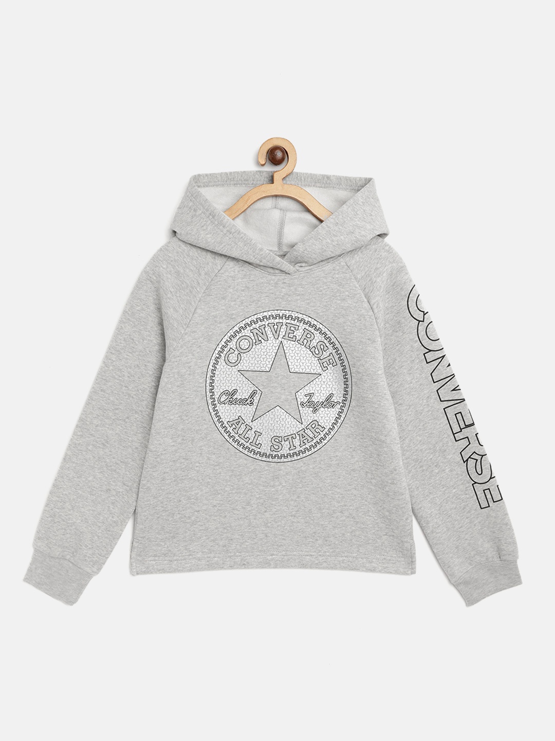 

Converse Girls Grey Melange Brand Logo Print Hooded Sweatshirt