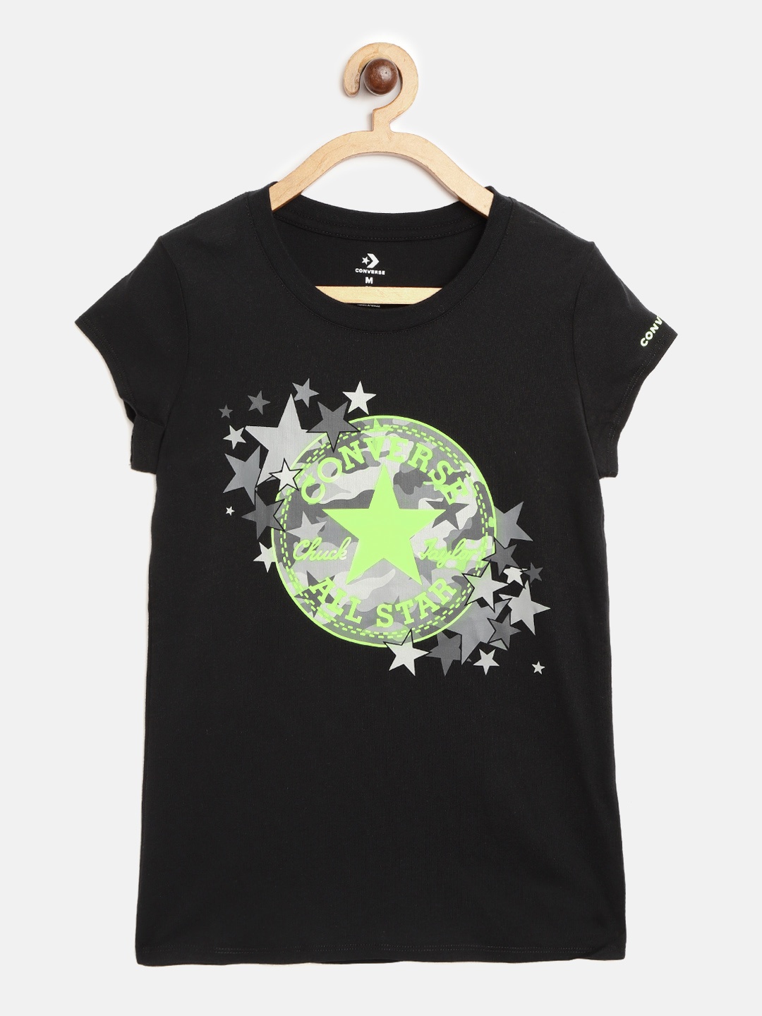 

Converse Girls Black & Fluorescent Green Brand Logo Print Round Neck T-shirt