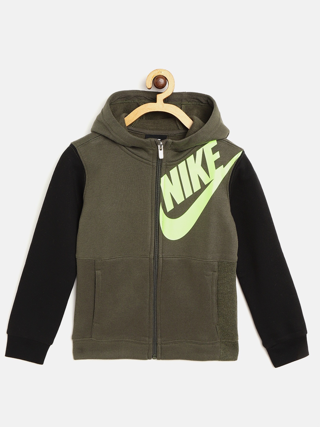 

Nike Boys Olive Green & Black RTL HBR Brand Logo Print Hooded Sweatshirt