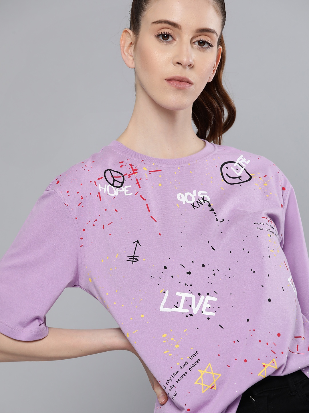 

Kook N Keech Women Purple & Black Typography Printed Oversized T-shirt