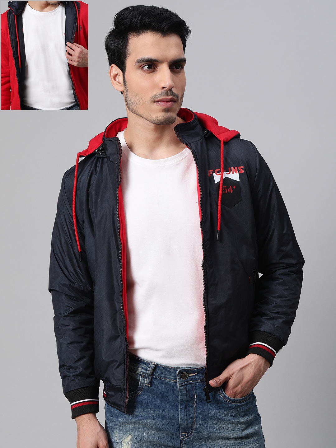 

Fort Collins Men Navy Blue & Red Solid Reversible Bomber Jacker