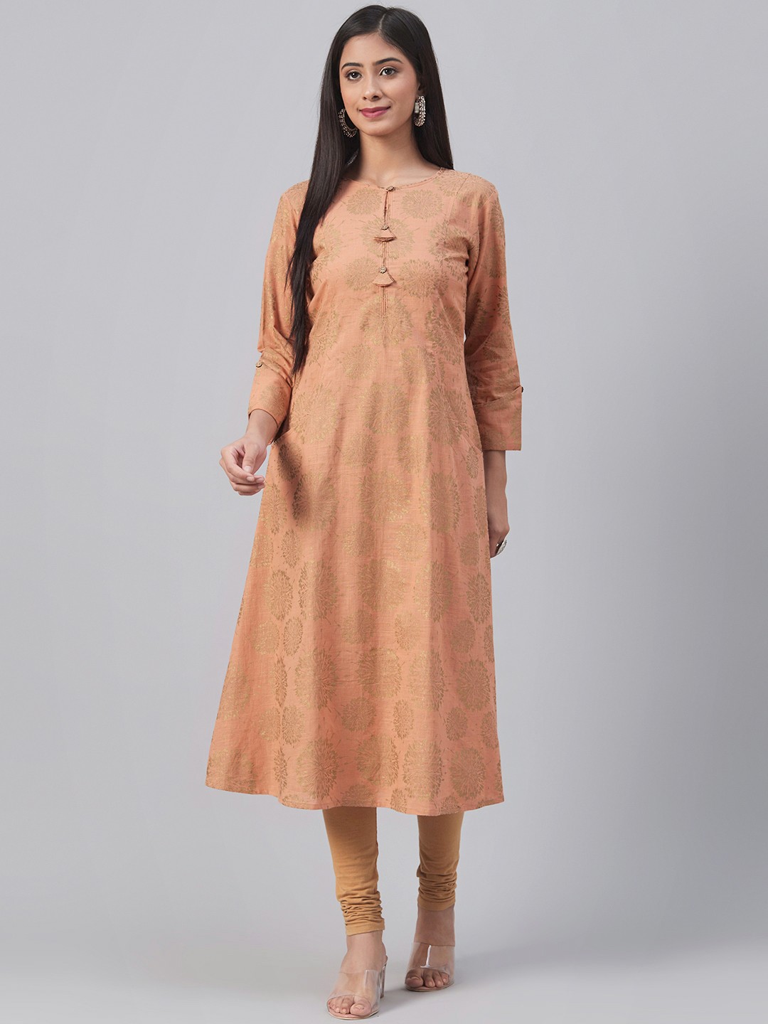 

AHIKA Women Peach-Coloured & Golden Ethnic Motif Print A-line Kurta