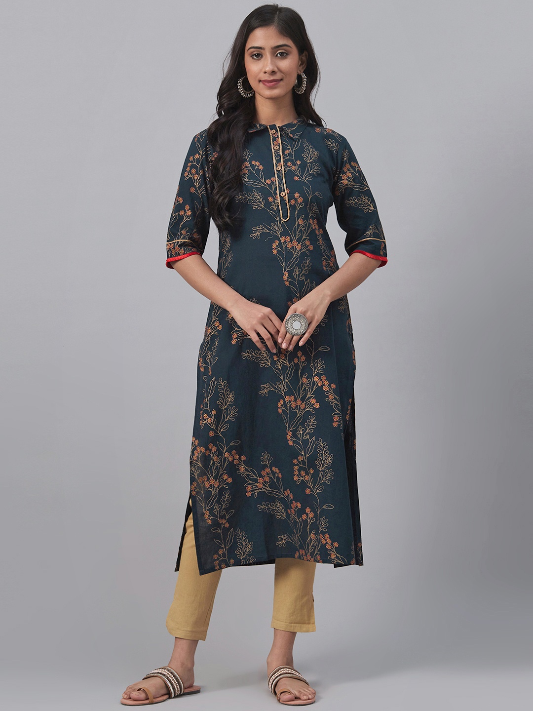 

AHIKA Women Teal Blue & Golden Printed Straight Shirt Kurta