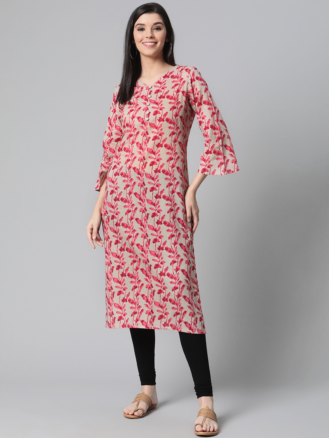 

AHIKA Women Beige & Pink Floral Print Straight Kurta