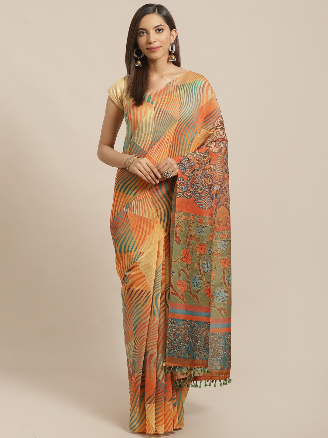 

Rajnandini Mustard Yellow & Orange Kalamkari Print Chanderi Saree