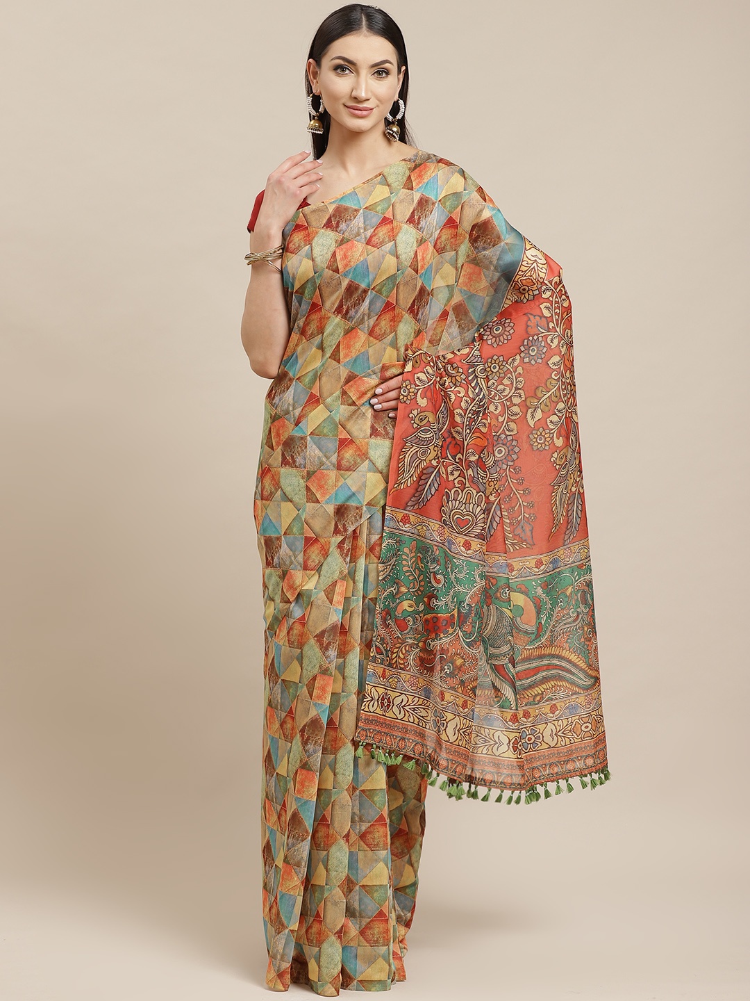 

Rajnandini Orange & Blue Kalamkari Print Chanderi Saree