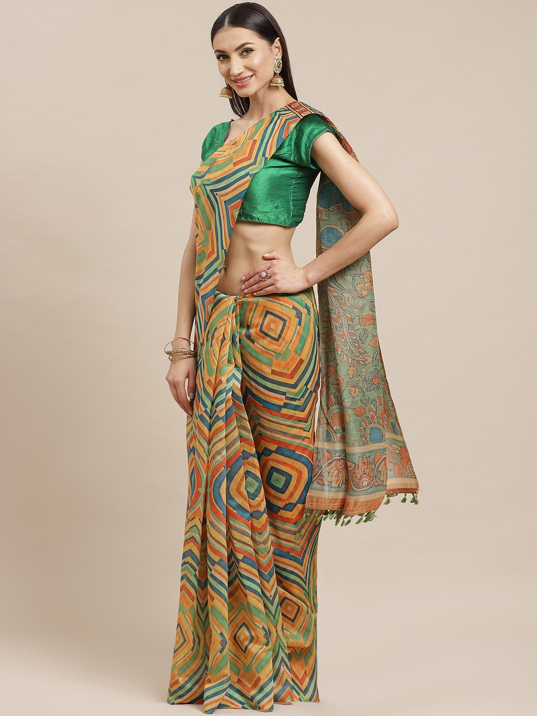 

Rajnandini Green & Mustard Yellow Kalamkari Print Chanderi Saree