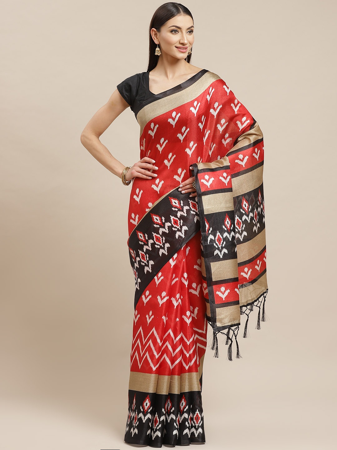 

Rajnandini Red & Off-White Printed Celebrity Ikat Saree