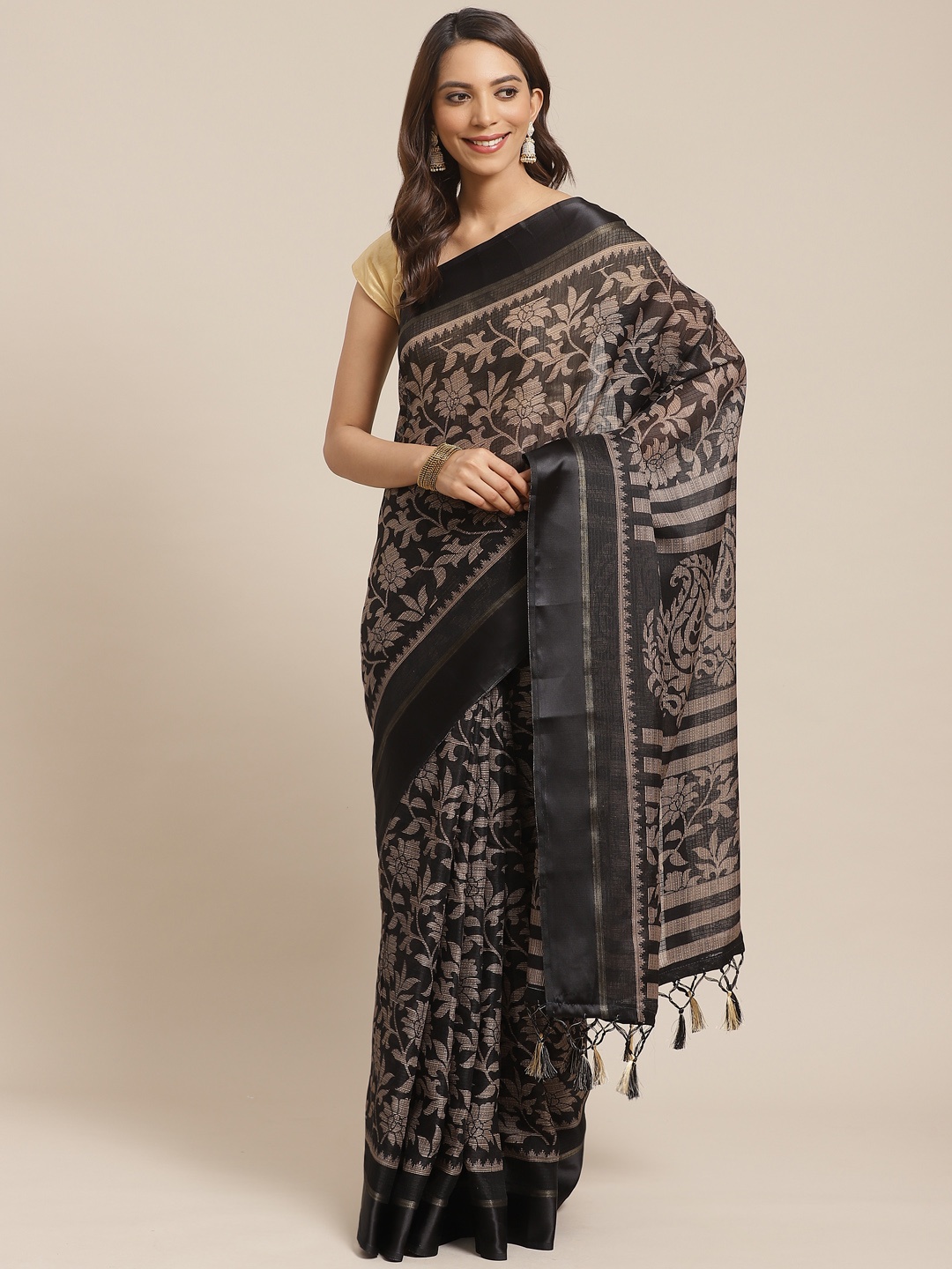 

Rajnandini Black & Beige Printed Kota Saree