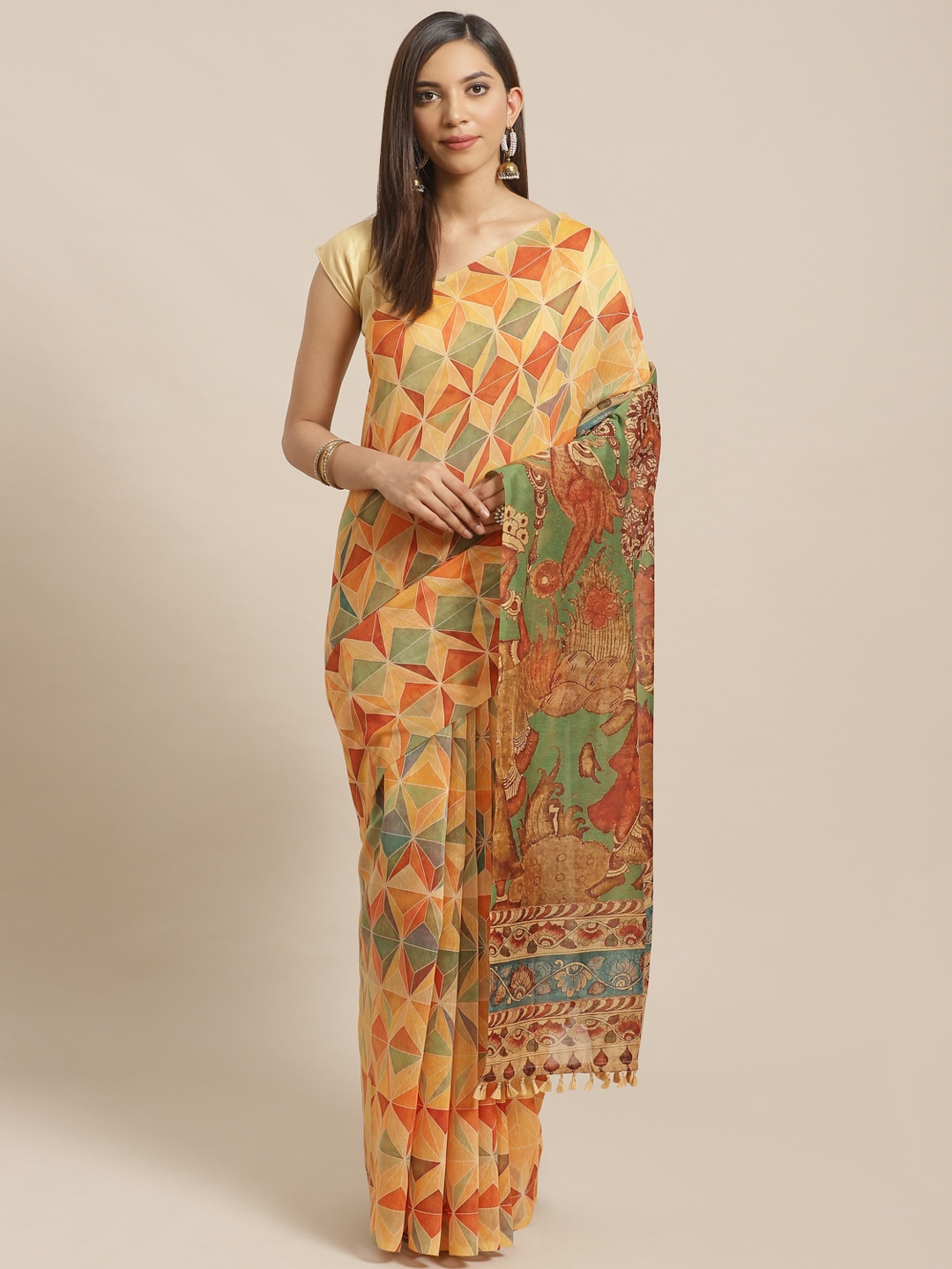 

Rajnandini Beige & Orange Kalamkari Print Chanderi Saree, Cream