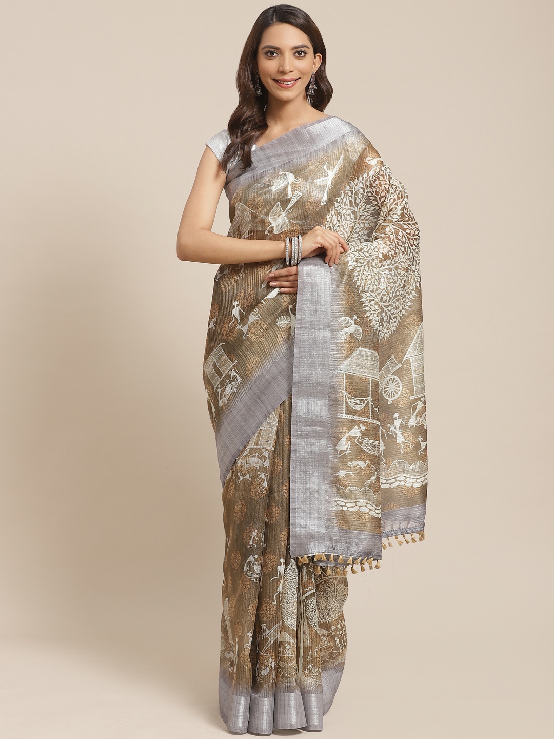 

Rajnandini Olive Green & Mustard Yellow Printed Saree