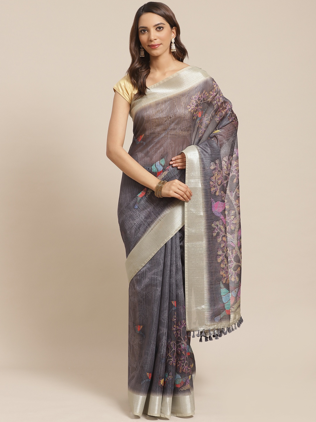 

Rajnandini Charcoal Grey & Green Birds Printed Saree