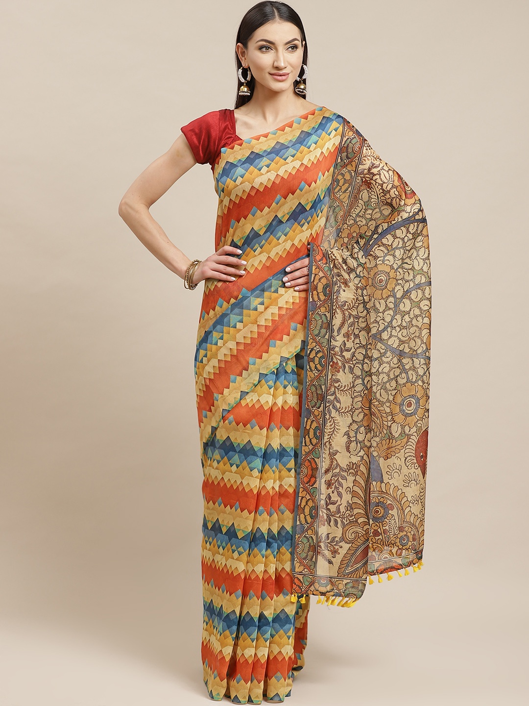 

Rajnandini Rust Orange & Beige Printed Celebrity Chanderi Saree